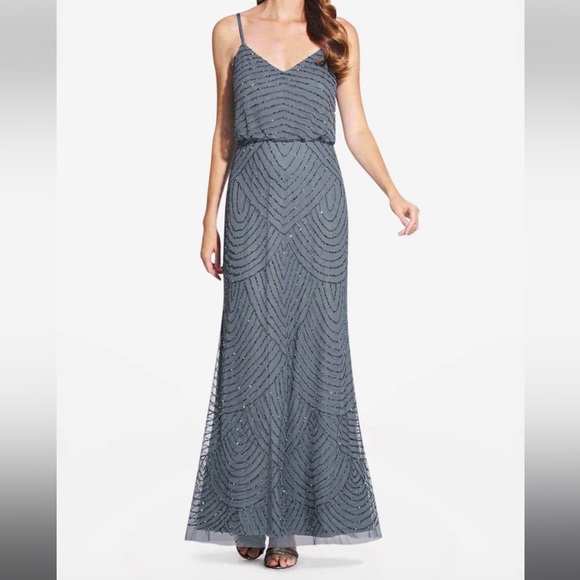 Adrianna Papell beaded bridesmaid dress dusty blue - Picture 1 of 3